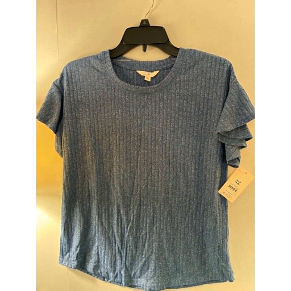 Secret Treasures Womens Ribbed Ruffle Sleeve Top Blue Crew Neck Small 4-6‎ NEW